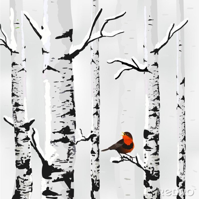 Tableau  Bouleau dans la neige et un oiseau