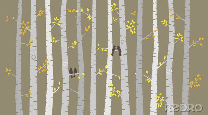 Tableau  Bouleaux graphiques avec oiseaux