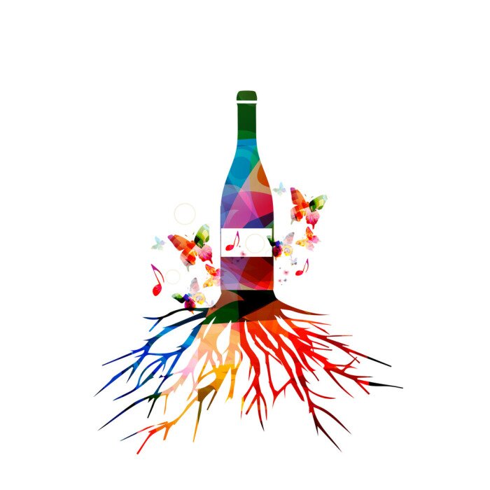 Tableau  Bouteille de vin coloré avec l'illustration de vecteur de racine d'arbre. Alcool, boissons, boisson, fond Fêtes, événements et fêtes. Cave à vin, restaurant, dégustation de vins. Bouteille, isolé