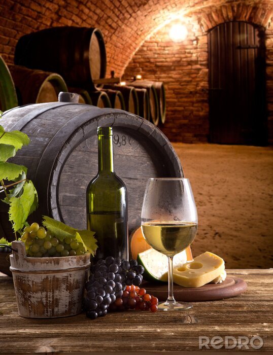 Tableau  Bouteille de vin et des verres sur la table en bois