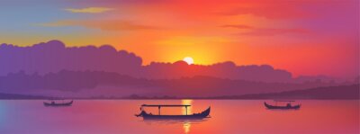 Tableau  Bright colors sunset sky with sun reflection in lake with traditional fisherman asian boats silhouettes, vector banner illustration