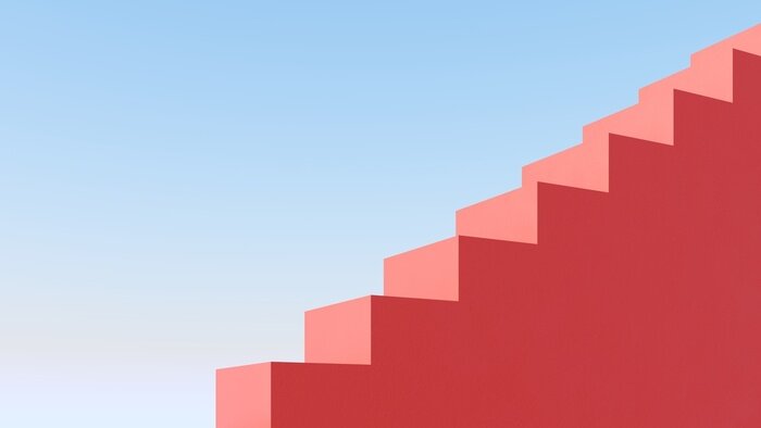 Tableau  Bright design against the blue sky with tropical palm leaves - 3D, render.Architectural background of buildings with stairs and arches.  Banner, poster, card for travel, presentations with copy space.