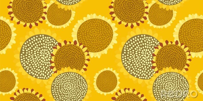 Tableau  Bright seamless pattern with sunflowers on a rich yellow background. Abstract floral print in hand-drawn style. Excellent design for fabrics, Wallpaper, sunflower oil packaging, health food...Vector.