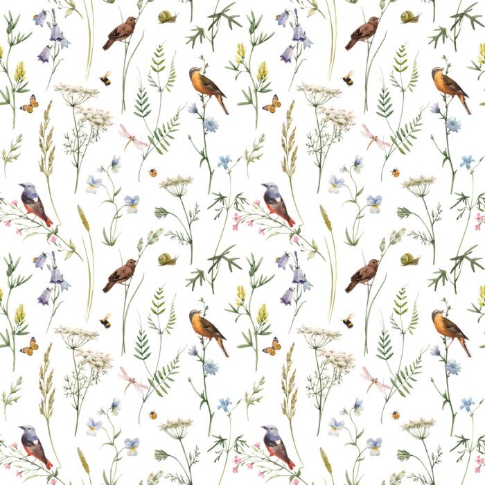 Tableau  Brindilles avec fleurs pastel et oiseaux