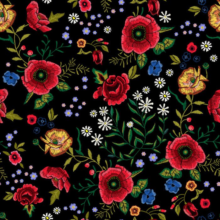 Tableau  Broderie traditionnelle modèle sans couture avec coquelicots rouges et roses.