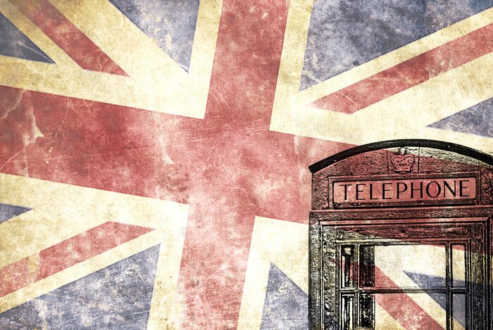 Tableau  Cabine de teléfonos, londres con la bandera Britanica
