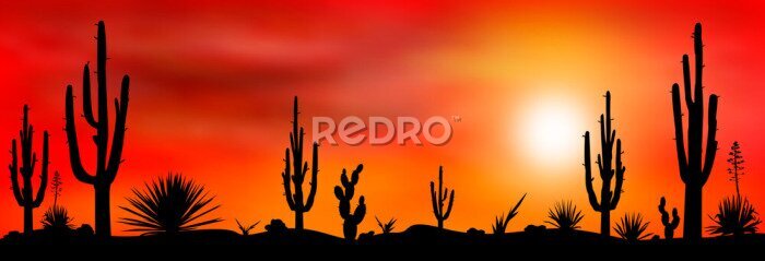 Tableau  Cactus dans le désert contre un ciel de coucher de soleil rouge