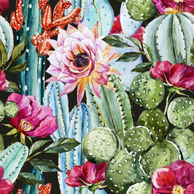 Tableau  Cactus et fleurs colorées peintes à l'aquarelle