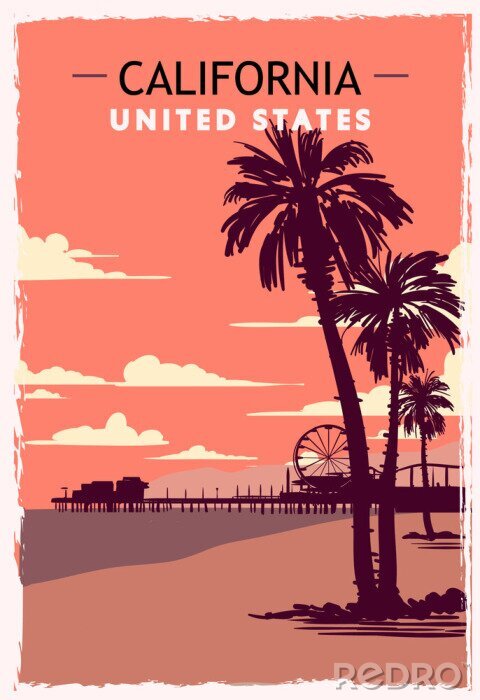 Tableau  California retro poster. USA California travel illustration.