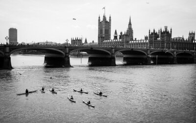 Tableau  Canots de la rivière Thames au pont de Westminster, en noir et blanc
