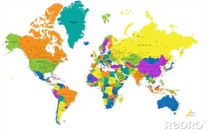 Tableau  Carte colorée du monde avec la division des pays