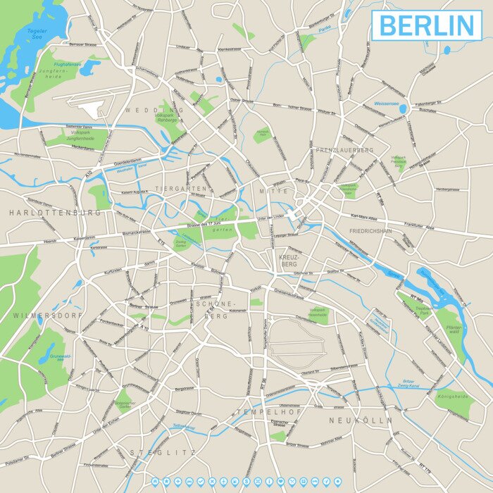 Tableau  Carte de Berlin et les icônes de navigation Plan de rue de vecteur très détaillé de Berlin. Il comprend: - les rues - les parcs - les noms des sous-districts - les noms d'objets aquatiques