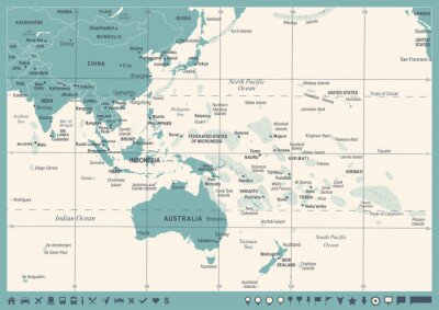 Carte de l'Asie de l'Est et de l'Océanie - Vintage Vector Illustration