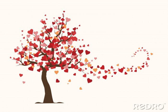 Tableau  Carte de Saint Valentin, arbre d'amour avec coeur laisse plat Illustration vectorielle.