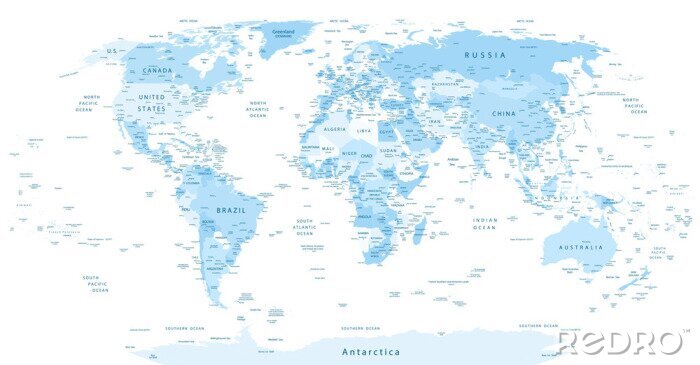 Tableau  Carte détaillée du monde couleurs bleues