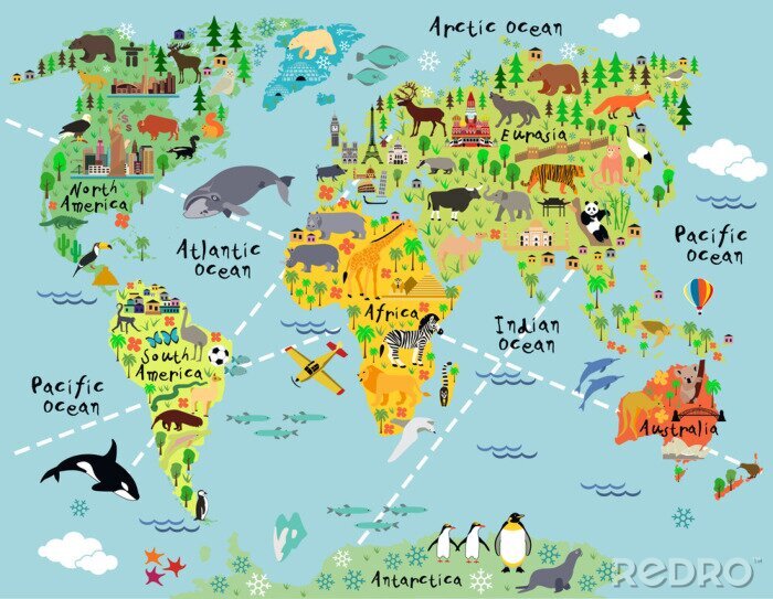 Tableau  Carte du monde avec des animaux façon dessin animé