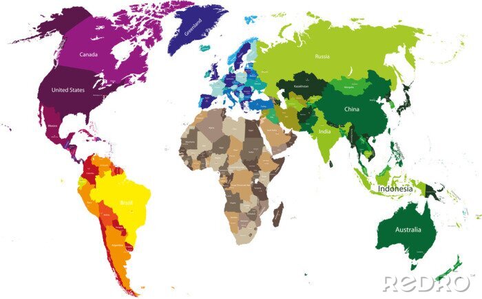 Tableau  carte du monde coloré par continents