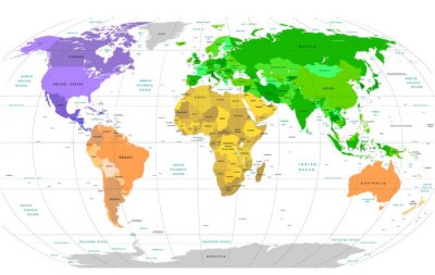 Carte du monde colorée avec des inscriptions