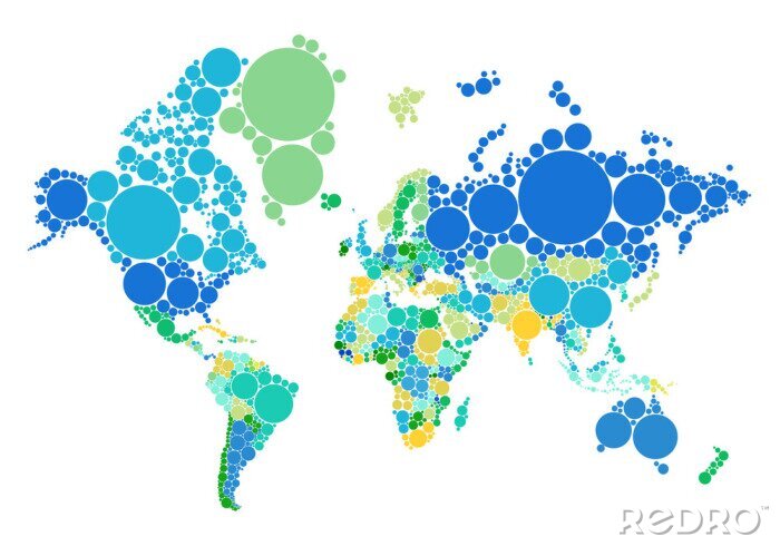 Tableau  carte du monde point bleu et vert avec les pays, vecteur