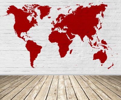 Tableau  Carte du monde rouge sur brique
