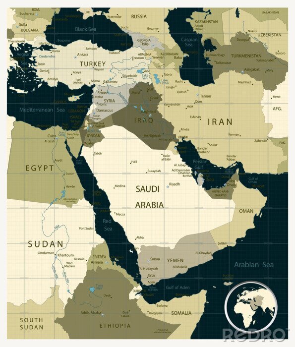 Tableau  Carte du Moyen-Orient et de l'Asie Couleurs de camouflage avec un quadrants