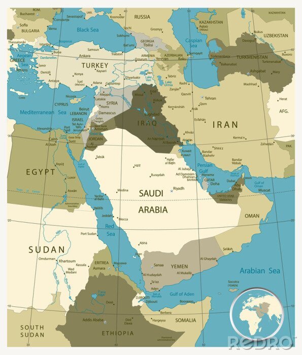 Tableau  Carte du Moyen-Orient et de l'Asie. Couleurs militaires