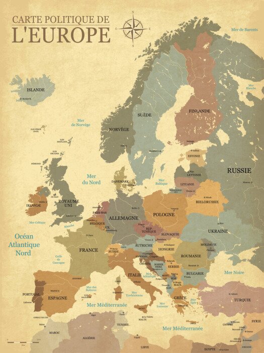 Tableau  Carte en Europe - Texture AVEC capitales Rétro - texte français - Vecteur CMJN