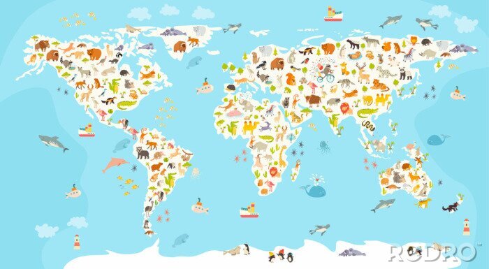 Tableau  Carte mondiale des mammifères. Belle illustration colorée joyeux vecteur pour les enfants et les enfants. Préscolaire, bébé, continents, océans, dessiné, la terre