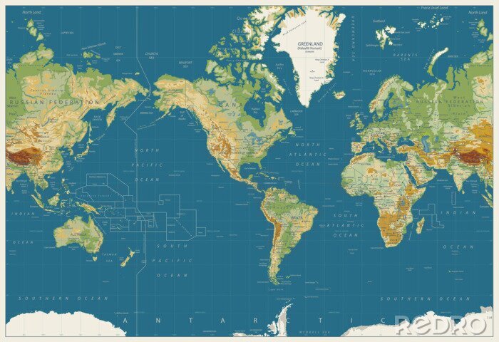 Tableau  Carte physique au centre de la carte du monde. Vintage Colors. Pas de bathymétrie