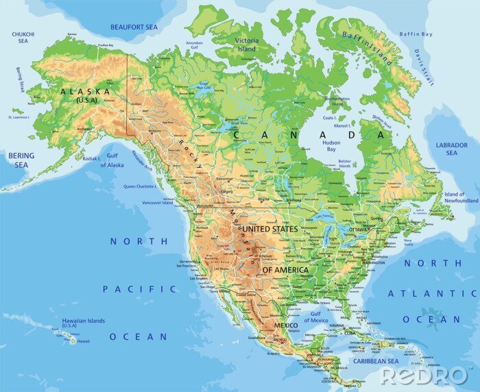 Tableau  Carte physique de l&#39;Amérique du Nord