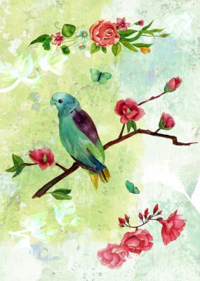 Tableau  Carte postale vintage de collage avec l'oiseau, les papillons et les fleurs