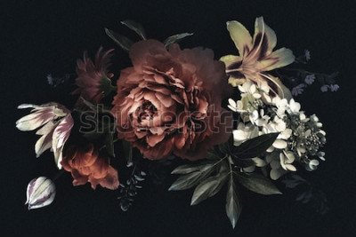 Tableau  Carte vintage florale avec des fleurs. Pivoines, tulipes, lis, hortensias sur fond noir. Modèle pour la conception d'invitations de mariage, salutations de vacances, carte de visite, emballage de 