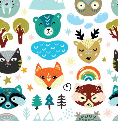 Cartoon animals heads and nature elements seamless pattern
