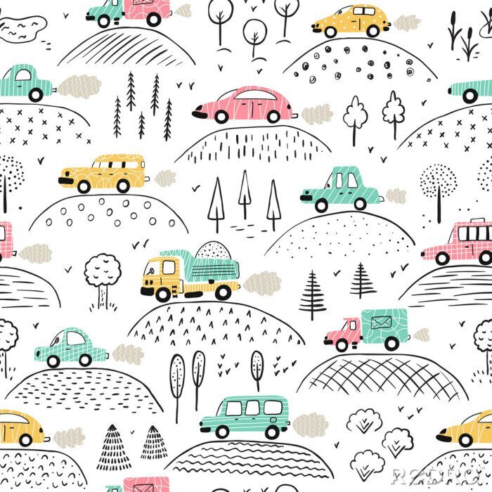 Tableau  Cartoon Transportation Background for Kids. Vector Seamless Pattern with doodle Toy Cars and Nature with Hills and Trees