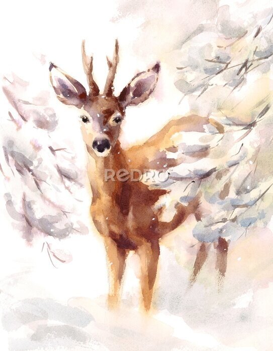 Tableau  Cerf dans la neige version aquarelle