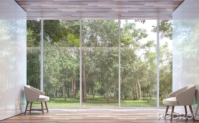 Tableau  Chambre vide espace moderne avec vue sur la nature image de rendu 3d.La chambre a un sol en bois, Il y a une grande fenêtre donnant sur la nature