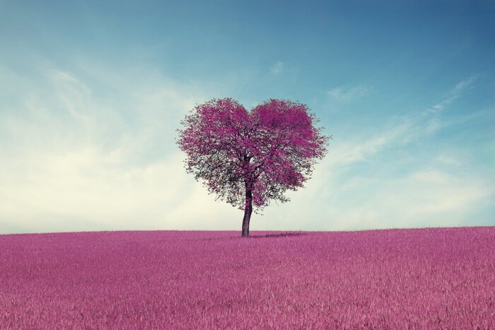 Tableau  Champ abstrait avec arbre de forme de coeur sous le ciel bleu. Beauté nature Fond de concept de Valentine