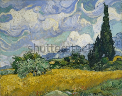 Tableau  Champ de blé avec des cyprès, de Vincent Van Gogh, 1889, post-impressionniste néerlandais, huile sur toile. C'était sa première version et probablement été peint en plein air, quand Van Gogh ap