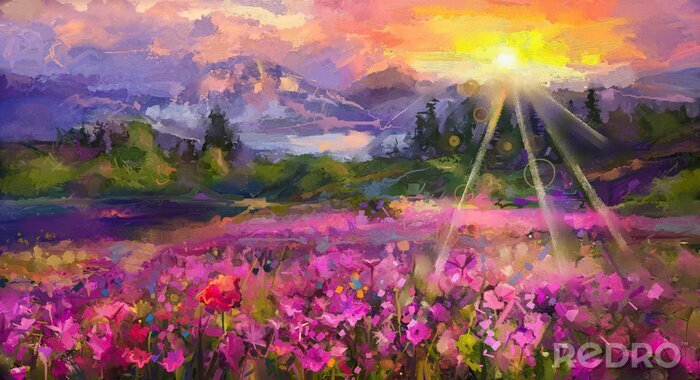 Tableau  Champ de fleurs sauvages avec un paysage montagneux en arrière-plan
