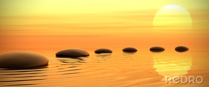 Tableau  Chemin de zen de pierres sur le coucher du soleil sur grand écran