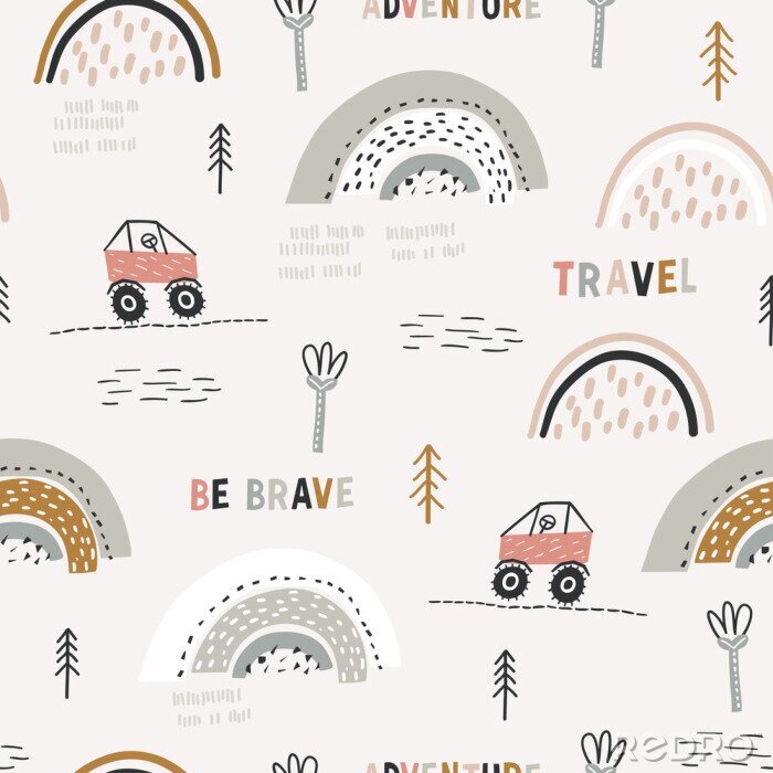 Tableau  Childish seamless pattern with doodle buggy car and hilly terrain. Background with abstract rainbows. Creative childish texture for fabric, wrapping, textile, wallpaper, apparel. Vector illustration.