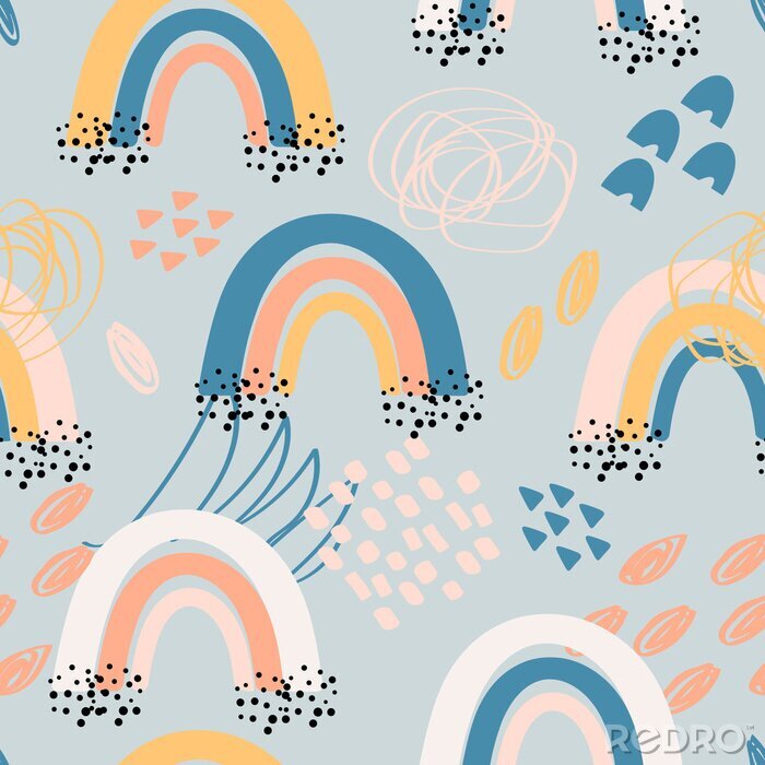 Tableau  Childish seamless pattern with hand drawn rainbow and doodle elements. Trendy kids background in cute pastel colors, raster version. Good for textile, wallpaper, surface decoration, baby products