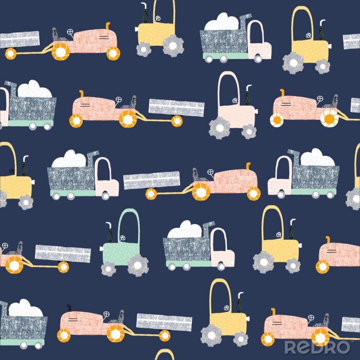 Tableau  Childish seamless pattern with truck and tractor. Scandinavian kids print. Vector hand drawn illustration.