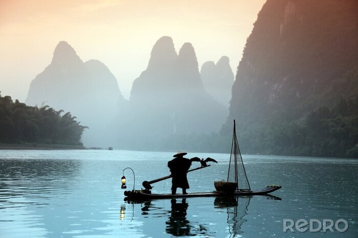 Tableau  Chinese man fishing with cormorants birds