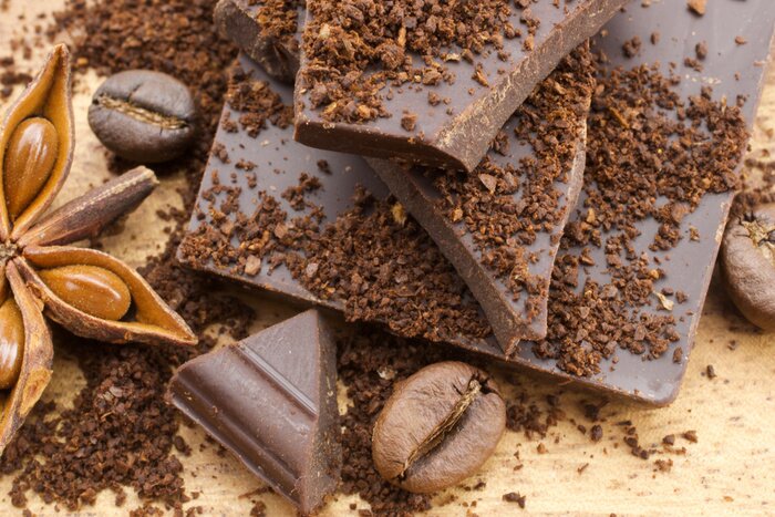 Tableau  Chocolat, café, haricots, bois, fond