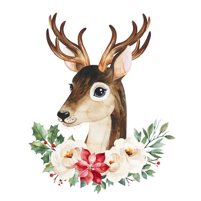 Tableau  Christmas and New Year collection.Winter composition with leaves,branches,flowers,berries,holly and cute deer.Handpainted watercolor illustration.Perfect for invitations and greeting cards.