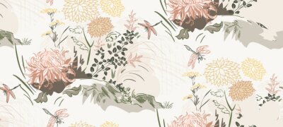 Chrysanthèmes abstraits et libellules