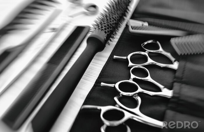 Tableau  Ciseaux et peignes de coiffeur professionnel élégant, concept de salon de coiffeur, ensemble d'outils de coiffure. Accessoires coupe de cheveux