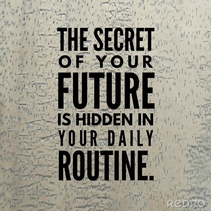 Tableau  Citation de motivation &quot;Le secret de votre avenir est caché dans votre routine quotidienne.&quot; sur un fond en bois.