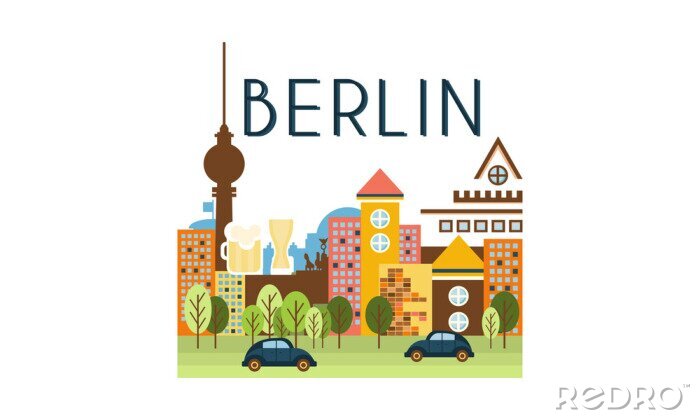 Tableau  City street, Berlin travel poster vector Illustration on a white background